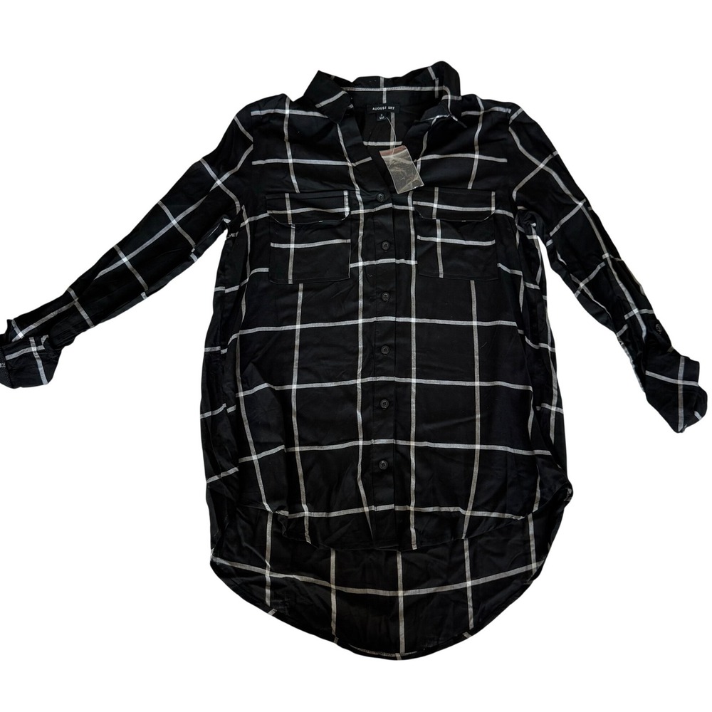 August Sky Womens Black White Windowpane Plaid Button Down Tunic Sheer Small NEW
